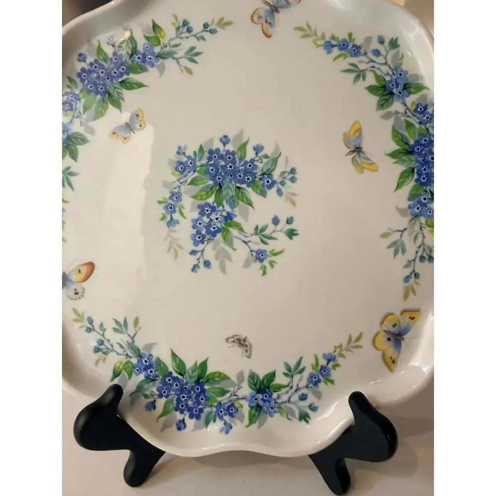 Limoges France Porcelain Scalloped Plate Blue Flowers Butterflies Floral Cabinet